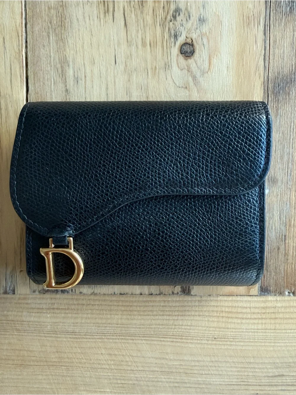 Christian Dior Vintage Saddle Trifold Wallet, Black Leather, Gold D Clasp
